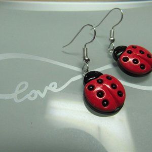 Upcycled Button Cute Lady Bug Plastic Dangle Earring